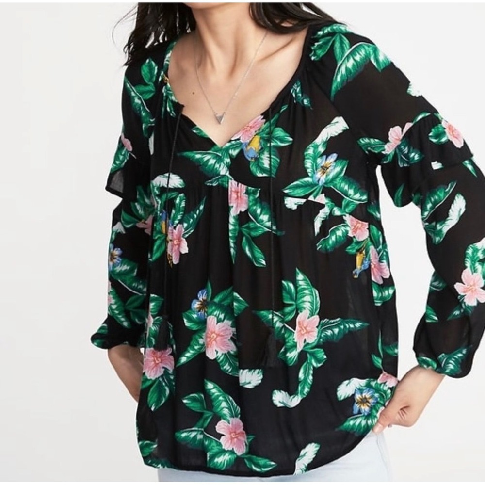 Old Navy Floral Blouse XL Black Tropical Tassel Tie Boho Ruffle Top Resort Wear